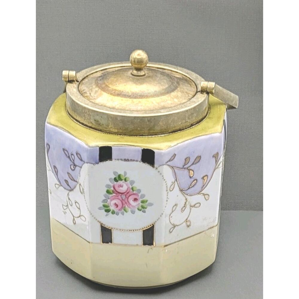 English Victorian Porcelain Hand Painted Biscuit Jar With Silver Plate Antique